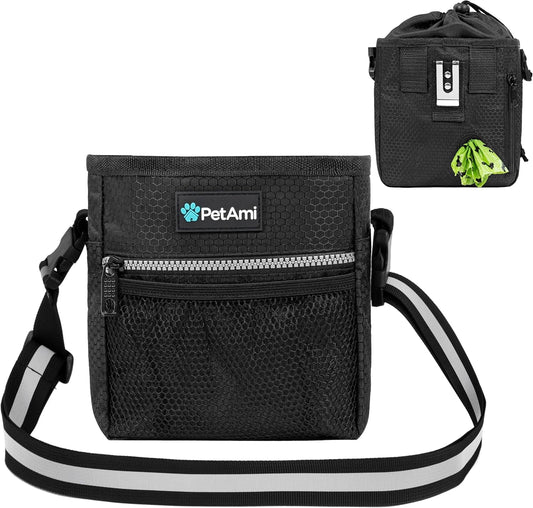 Dog Treat Pouch, Pet Treat Pouch for Training, Dog Walking Bag Holder for Kibbles, Pet Food Toy, Dog Trainer Essentials Supplies, Poop Bag Dispenser, 3 Ways to Wear (Black)