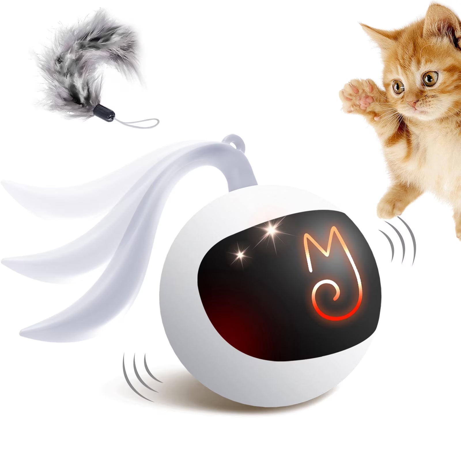 Cat Toy, Interactive Automatic Moving Ball Bundle, Feather in a Pack, Smart Electric Teaser with USB Rechargeable for Kitten and Pets