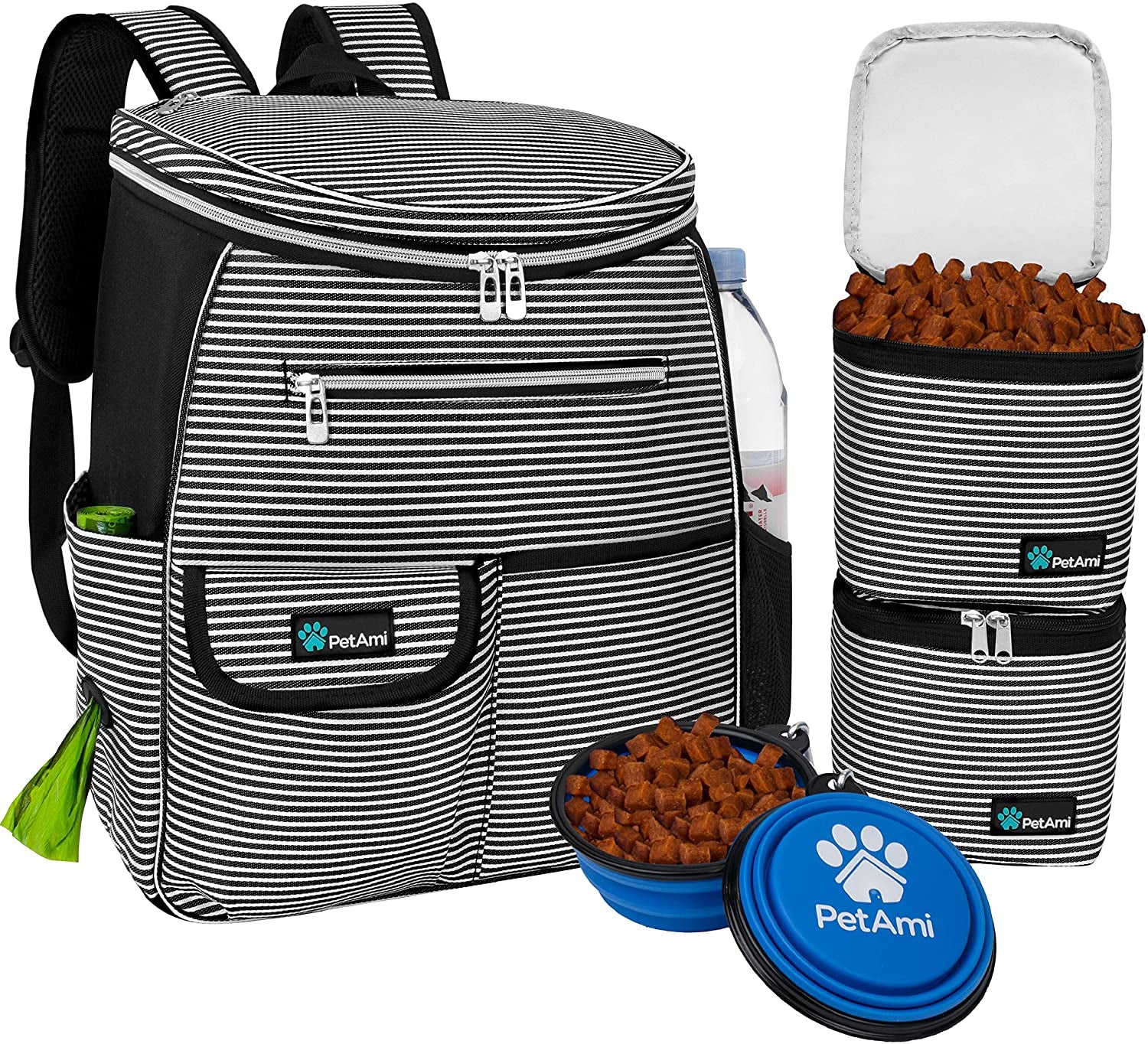 Dog Travel Bag Backpack, 27L Airline Approved Pet Supplies Organizer with 2 Food Containers, 2 Collapsible Bowls & Poop Bag Dispenser, Weekend Road Trip Camping Dog Mom Gift, Stripe Black