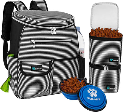 Dog Travel Bag Backpack, 27L Airline Approved Pet Supplies Organizer with 2 Food Containers, 2 Collapsible Bowls & Poop Bag Dispenser, Weekend Road Trip Camping Dog Mom Gift, Stripe Black
