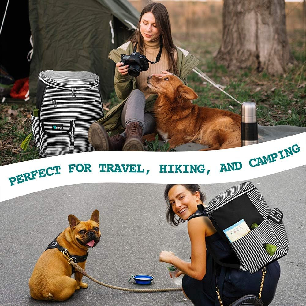 Dog Travel Bag Backpack, 27L Airline Approved Pet Supplies Organizer with 2 Food Containers, 2 Collapsible Bowls & Poop Bag Dispenser, Weekend Road Trip Camping Dog Mom Gift, Stripe Black