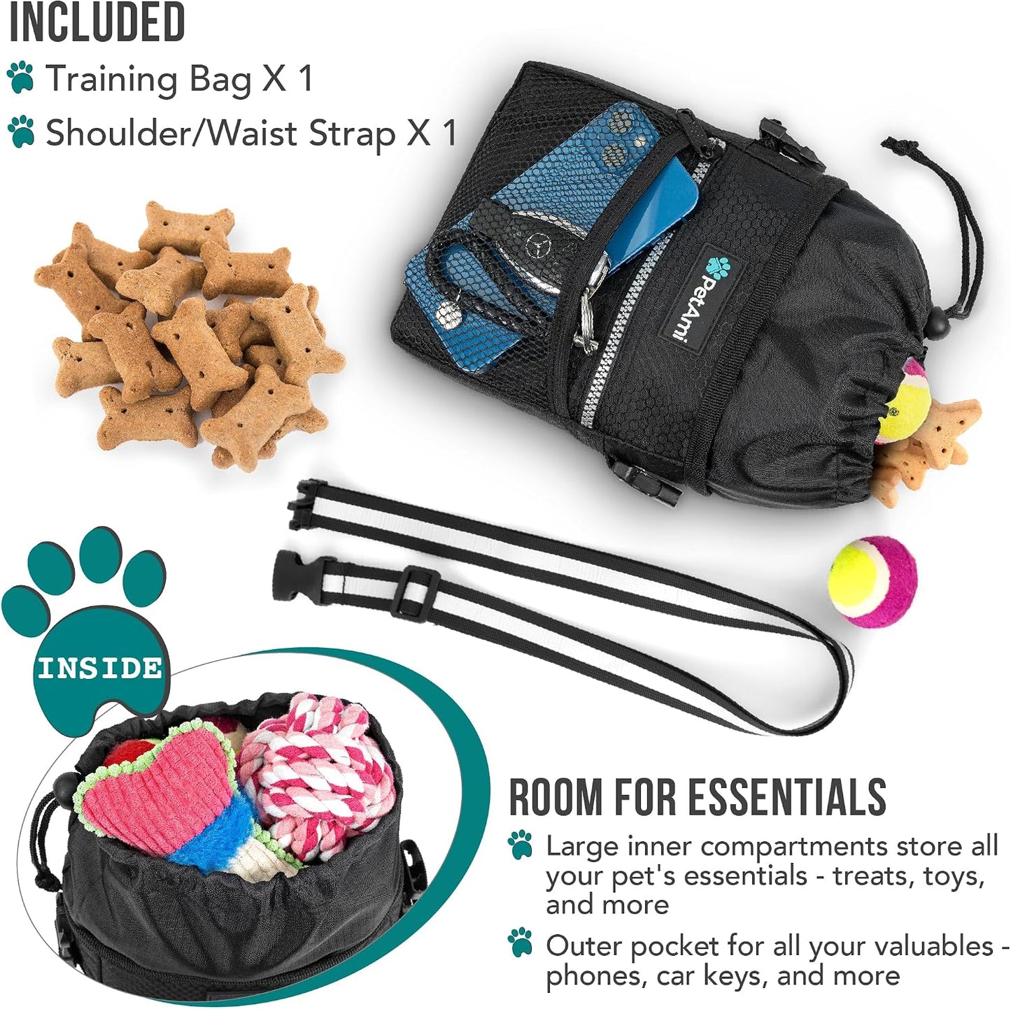Dog Treat Pouch, Pet Treat Pouch for Training, Dog Walking Bag Holder for Kibbles, Pet Food Toy, Dog Trainer Essentials Supplies, Poop Bag Dispenser, 3 Ways to Wear (Black)