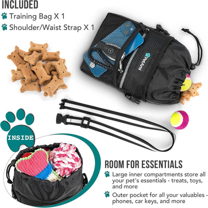 Dog Treat Pouch, Pet Treat Pouch for Training, Dog Walking Bag Holder for Kibbles, Pet Food Toy, Dog Trainer Essentials Supplies, Poop Bag Dispenser, 3 Ways to Wear (Black)