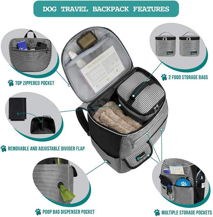 Dog Travel Bag Backpack, 27L Airline Approved Pet Supplies Organizer with 2 Food Containers, 2 Collapsible Bowls & Poop Bag Dispenser, Weekend Road Trip Camping Dog Mom Gift, Stripe Black