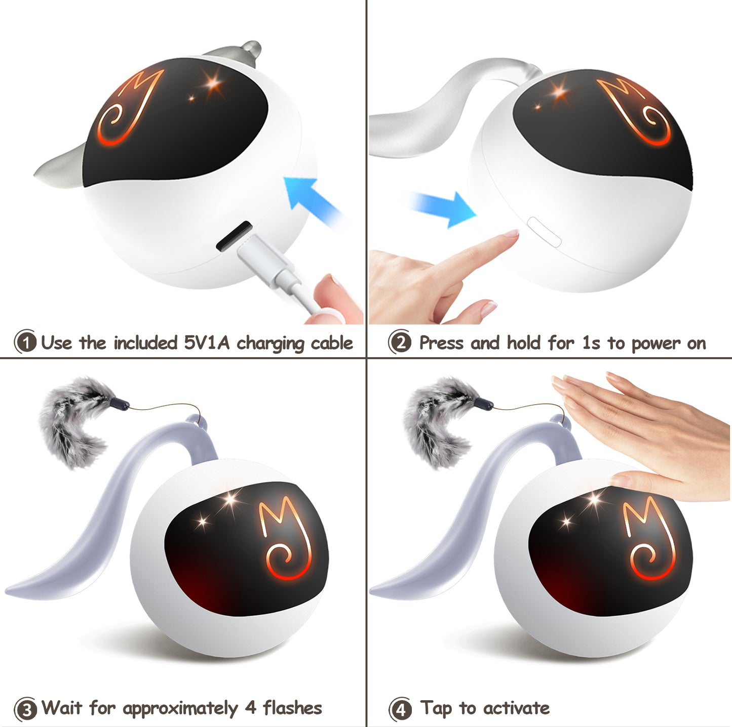 Cat Toy, Interactive Automatic Moving Ball Bundle, Feather in a Pack, Smart Electric Teaser with USB Rechargeable for Kitten and Pets