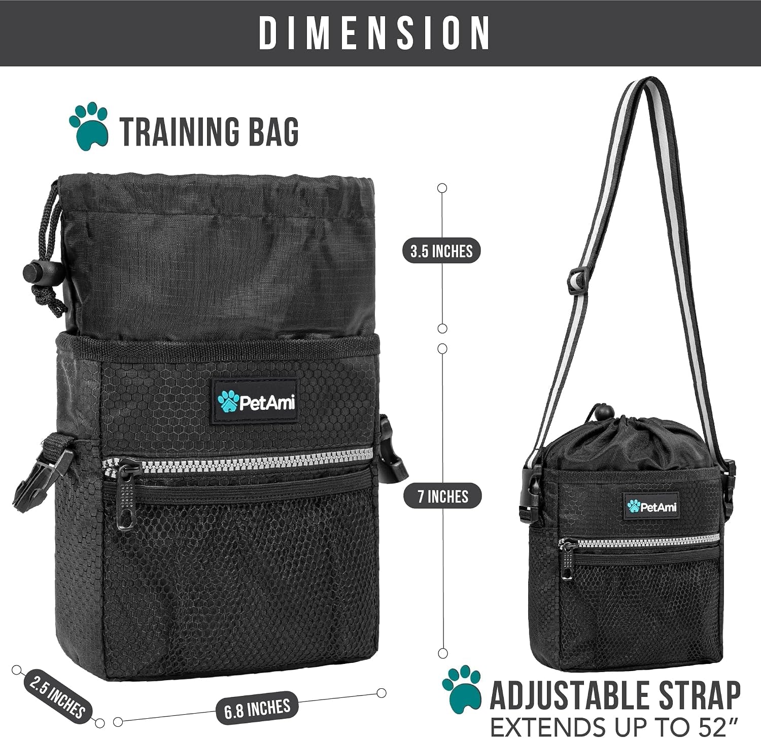 Dog Treat Pouch, Pet Treat Pouch for Training, Dog Walking Bag Holder for Kibbles, Pet Food Toy, Dog Trainer Essentials Supplies, Poop Bag Dispenser, 3 Ways to Wear (Black)