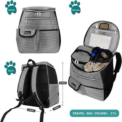 Dog Travel Bag Backpack, 27L Airline Approved Pet Supplies Organizer with 2 Food Containers, 2 Collapsible Bowls & Poop Bag Dispenser, Weekend Road Trip Camping Dog Mom Gift, Stripe Black