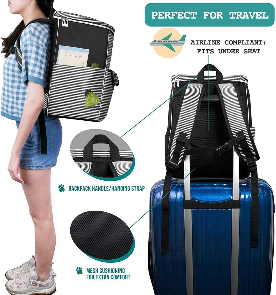 Dog Travel Bag Backpack, 27L Airline Approved Pet Supplies Organizer with 2 Food Containers, 2 Collapsible Bowls & Poop Bag Dispenser, Weekend Road Trip Camping Dog Mom Gift, Stripe Black
