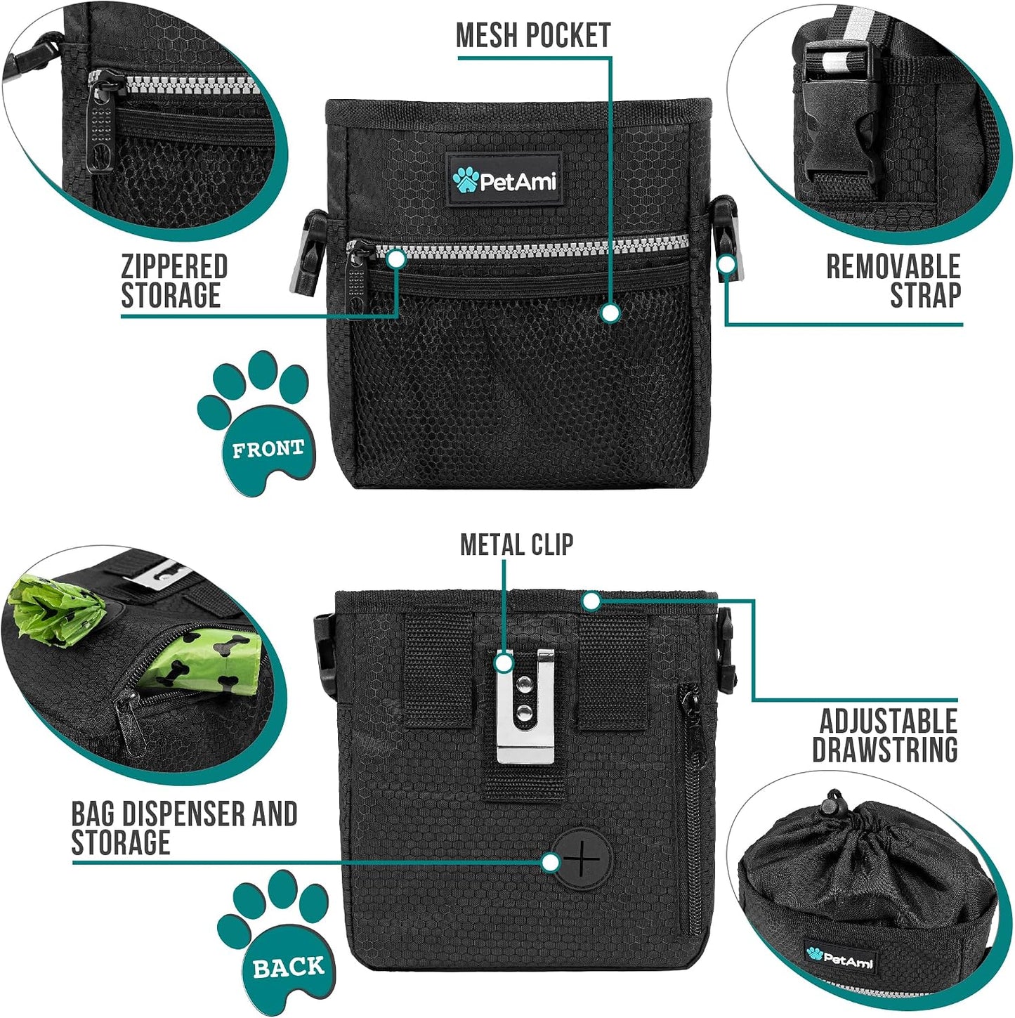 Dog Treat Pouch, Pet Treat Pouch for Training, Dog Walking Bag Holder for Kibbles, Pet Food Toy, Dog Trainer Essentials Supplies, Poop Bag Dispenser, 3 Ways to Wear (Black)