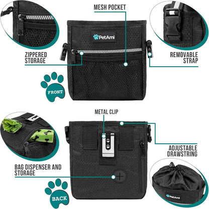 Dog Treat Pouch, Pet Treat Pouch for Training, Dog Walking Bag Holder for Kibbles, Pet Food Toy, Dog Trainer Essentials Supplies, Poop Bag Dispenser, 3 Ways to Wear (Black)