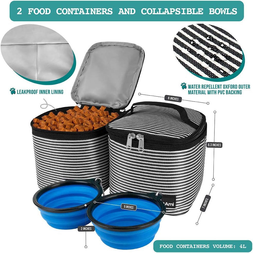 Dog Travel Bag Backpack, 27L Airline Approved Pet Supplies Organizer with 2 Food Containers, 2 Collapsible Bowls & Poop Bag Dispenser, Weekend Road Trip Camping Dog Mom Gift, Stripe Black
